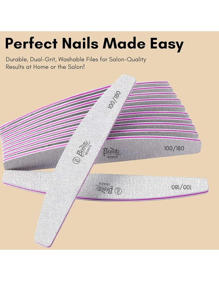 Beauté Secrets 10PCS Nail Files, Professional Nail File Set, Curved Fingernail files, 100/180 grit Double-Sided Emery Board