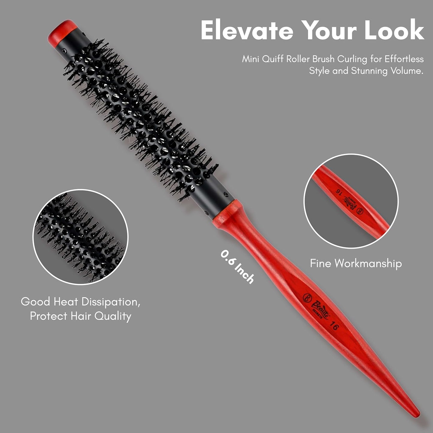 Beauté Secrets 0.6 Inch Mini Quiff Roller Brush Curling Brush with Wooden Handle and Nylon Bristles Short Hair,Thin Hair