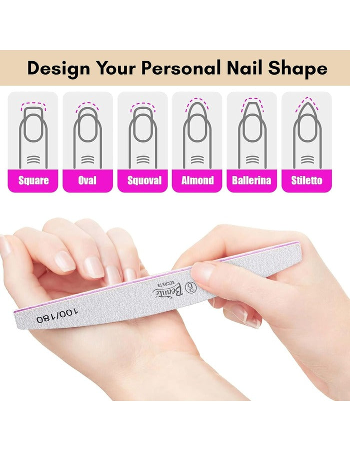 Beauté Secrets 10PCS Nail Files, Professional Nail File Set, Curved Fingernail files, 100/180 grit Double-Sided Emery Board