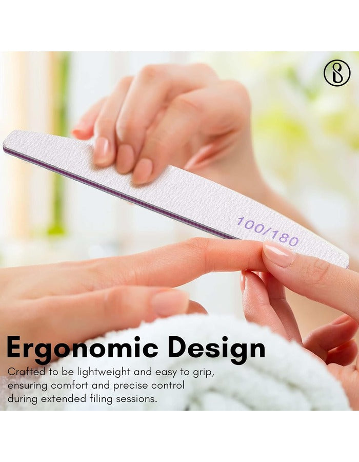Beauté Secrets 10PCS Nail Files, Professional Nail File Set, Curved Fingernail files, 100/180 grit Double-Sided Emery Board