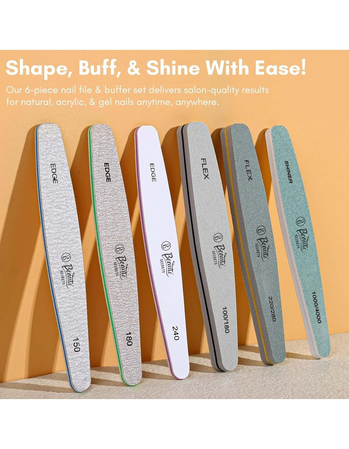 Beauté Secrets Korean 6pcs Nail Files Set for Manicure, Nail Buffer Files Block Coarse Washable Nail Polisher Double Sided Nail Shaper