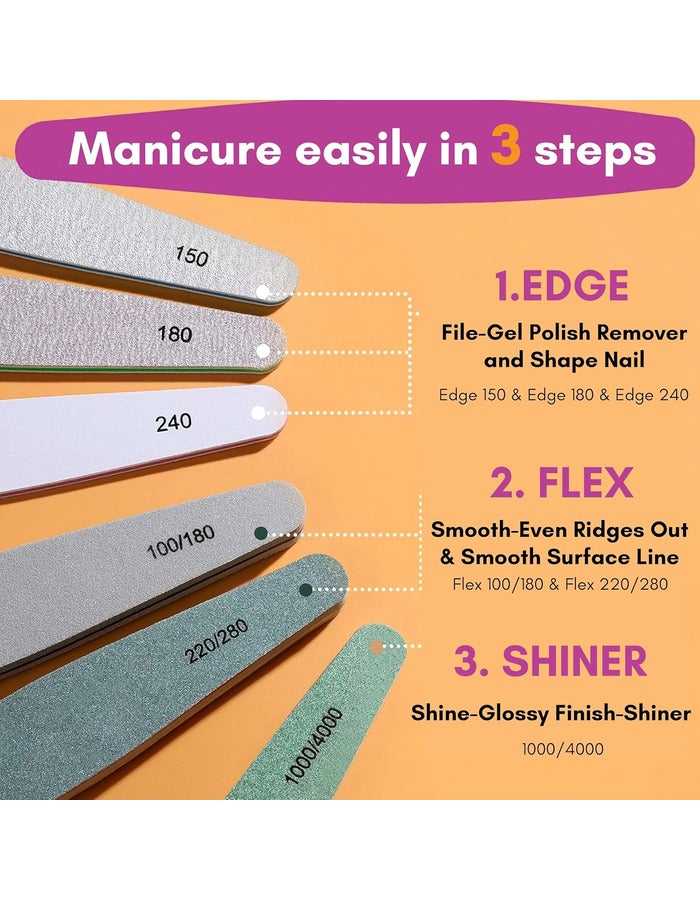 Beauté Secrets Korean 6pcs Nail Files Set for Manicure, Nail Buffer Files Block Coarse Washable Nail Polisher Double Sided Nail Shaper
