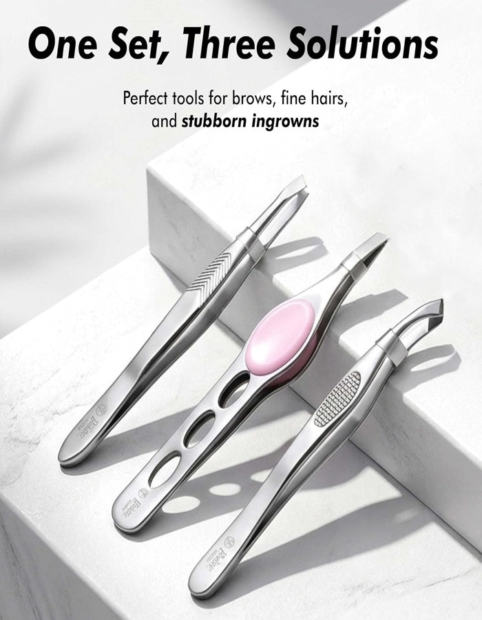 Beauté Secrets Professional 3-Piece Tweezer Set with Travel Case | Wide Slant, Precision Point & Slant Tip Tweezers | Stainless Steel Eyebrow & Facial Hair Removal Kit