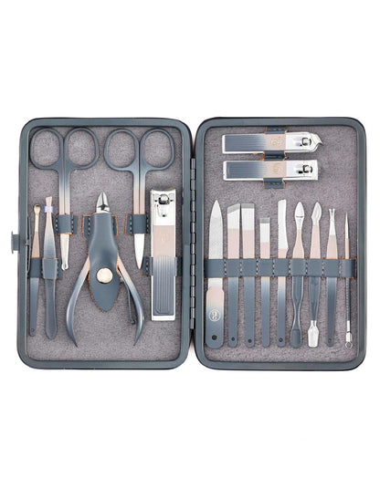 Beauté Secrets Nail Cutter Set – 17-in-1 Manicure Pedicure Kit for Men & Women | Premium Stainless Steel Nail Clipper Set with Cuticle Trimmer, Grooming Tools & Leather Case | Gift for Men, Nail Art Kit, Grey