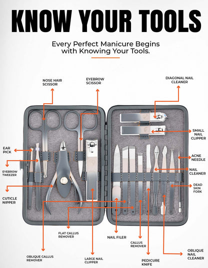 Beauté Secrets Nail Cutter Set – 17-in-1 Manicure Pedicure Kit for Men & Women | Premium Stainless Steel Nail Clipper Set with Cuticle Trimmer, Grooming Tools & Leather Case | Gift for Men, Nail Art Kit, Grey