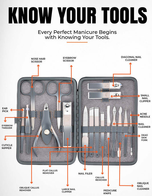 Beauté Secrets Nail Cutter Set – 17-in-1 Manicure Pedicure Kit for Men & Women | Premium Stainless Steel Nail Clipper Set with Cuticle Trimmer, Grooming Tools & Leather Case | Gift for Men, Nail Art Kit, Grey