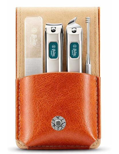 Beauté Secrets Nail Cutter Set for Men & Women | Premium Nail Clipper Kit with File & Ear Cleaner | Pocket Size Grooming Kit with Leather Case, Brown