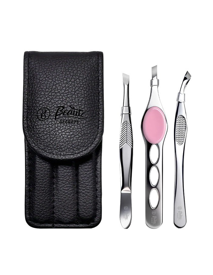 Beauté Secrets Professional 3-Piece Tweezer Set with Travel Case | Wide Slant, Precision Point & Slant Tip Tweezers | Stainless Steel Eyebrow & Facial Hair Removal Kit