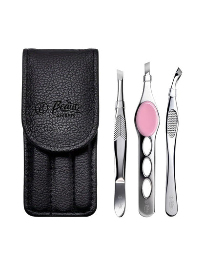 Beauté Secrets Professional 3-Piece Tweezer Set with Travel Case | Wide Slant, Precision Point & Slant Tip Tweezers | Stainless Steel Eyebrow & Facial Hair Removal Kit