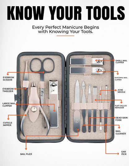 Beauté Secrets 12 in 1 Nail Cutter Set | Manicure Pedicure Kit for Women & Men | Grooming Kit with Nail Clippers | Nail Art Kit | Nail Cutter for Men Pink