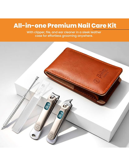 Beauté Secrets Nail Cutter Set for Men & Women | Premium Nail Clipper Kit with File & Ear Cleaner | Pocket Size Grooming Kit with Leather Case, Brown