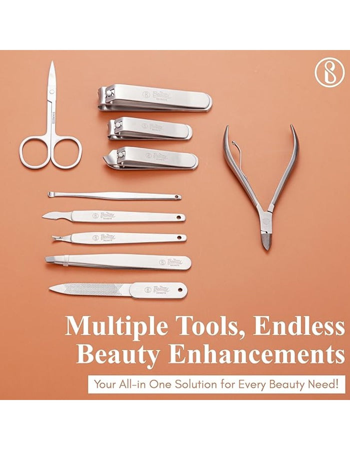 Beauté Secrets Premium Manicure Pedicure Kit – 10-Piece Nail Cutter Set with Nail Clippers Grooming Tools