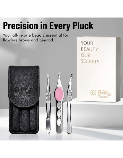 Beauté Secrets Professional 3-Piece Tweezer Set with Travel Case | Wide Slant, Precision Point & Slant Tip Tweezers | Stainless Steel Eyebrow & Facial Hair Removal Kit