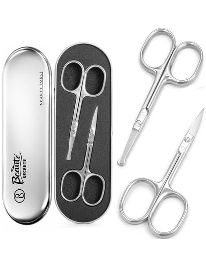 Beauté Secrets Nose Hair Scissors & Grooming Set (Pack of 2) – Ear, Facial, Eyebrow, Beard & Moustache Scissors with Storage Box