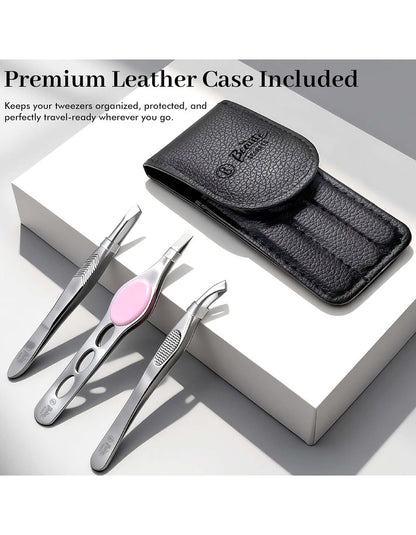 Beauté Secrets Professional 3-Piece Tweezer Set with Travel Case | Wide Slant, Precision Point & Slant Tip Tweezers | Stainless Steel Eyebrow & Facial Hair Removal Kit