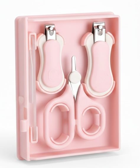 Baby 4in1 Nail Grooming Set, Scissor, Clipper, Filer, Baby Grooming Kit, Baby Nail Scissor, Grooming Kit for New Born Baby, Baby Nail Cutter, New Born Grooming Kit, 4pcs,Pink, 0m+