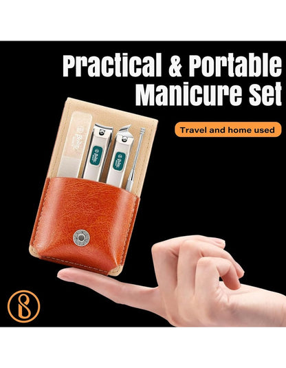 Beauté Secrets Nail Cutter Set for Men & Women | Premium Nail Clipper Kit with File & Ear Cleaner | Pocket Size Grooming Kit with Leather Case, Brown