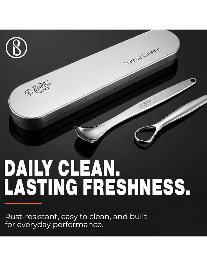 Beauté Secrets Tongue Cleaner Set With Travel Case for Men, Women and Kids, Silver