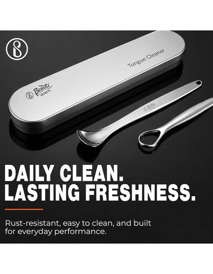Beauté Secrets Tongue Cleaner Set With Travel Case for Men, Women and Kids, Silver