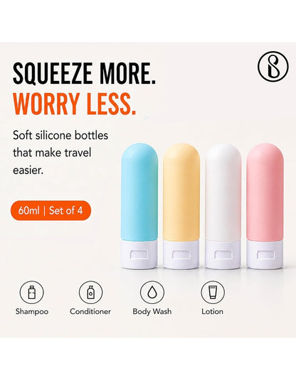 Beauté Secrets Travel Bottles 60ml Set of 4 | Leakproof Silicone Refillable Travel Size Toiletry Containers for Shampoo, Lotion, Conditioner | TSA Approved Mini Travel Bottles