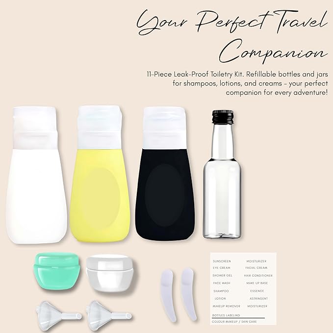 Beauté Secrets Travel Bottles for Toiletries 11pcs Kit, Leak Proof Travel Containers 85 ML Squeeze Bottle for Travelling