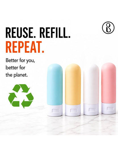 Beauté Secrets Travel Bottles 60ml Set of 4 | Leakproof Silicone Refillable Travel Size Toiletry Containers for Shampoo, Lotion, Conditioner | TSA Approved Mini Travel Bottles
