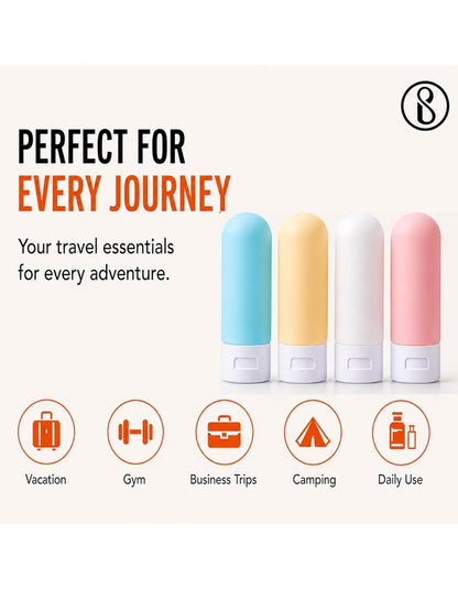 Beauté Secrets Travel Bottles 60ml Set of 4 | Leakproof Silicone Refillable Travel Size Toiletry Containers for Shampoo, Lotion, Conditioner | TSA Approved Mini Travel Bottles