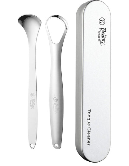 Beauté Secrets Tongue Cleaner Set With Travel Case for Men, Women and Kids, Silver