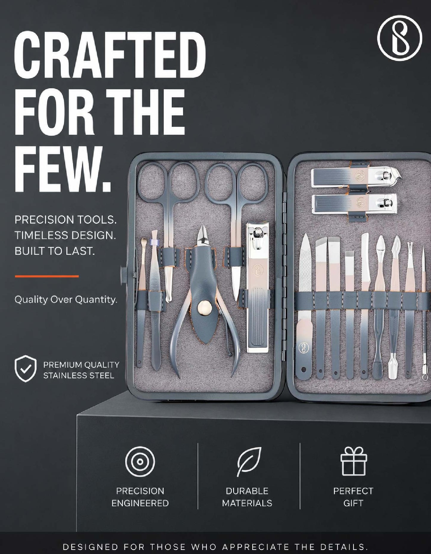 Beauté Secrets Nail Cutter Set – 17-in-1 Manicure Pedicure Kit for Men & Women | Premium Stainless Steel Nail Clipper Set with Cuticle Trimmer, Grooming Tools & Leather Case | Gift for Men, Nail Art Kit, Grey