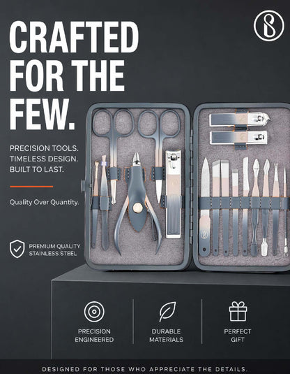 Beauté Secrets Nail Cutter Set – 17-in-1 Manicure Pedicure Kit for Men & Women | Premium Stainless Steel Nail Clipper Set with Cuticle Trimmer, Grooming Tools & Leather Case | Gift for Men, Nail Art Kit, Grey