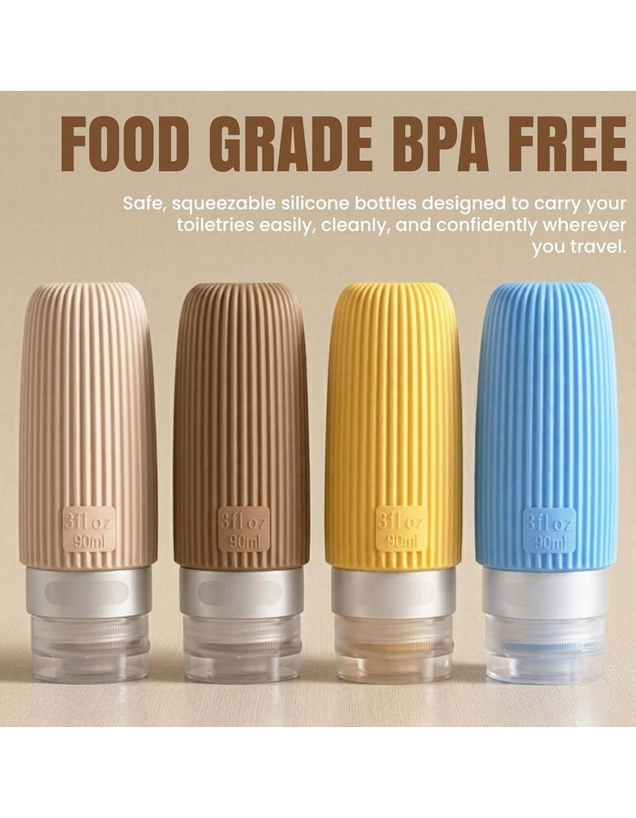 Beauté Secrets Reusable Travel Bottles Set (4 x 90ml) – Leakproof Silicone Squeezable Containers for Shampoo, Lotion & Toiletries | Refillable, TSA Approved, Multicolor