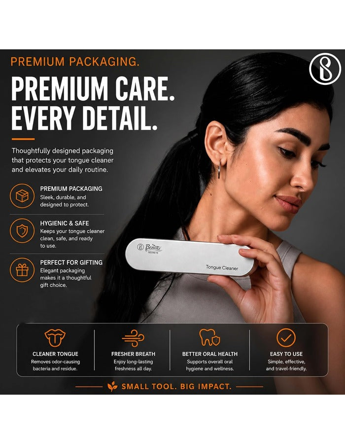 Beauté Secrets Tongue Cleaner Set With Travel Case for Men, Women and Kids, Silver