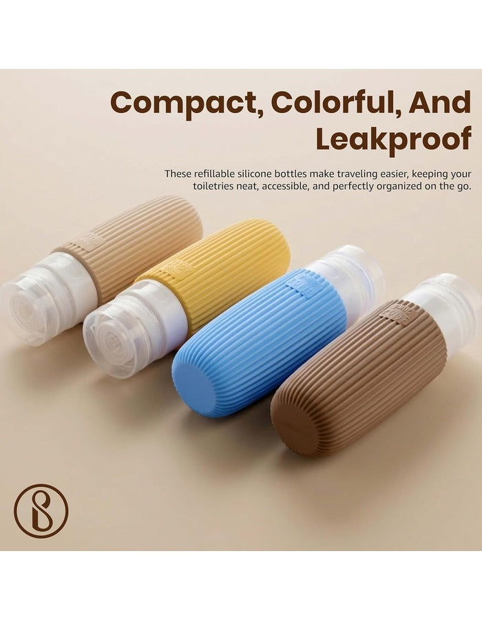 Beauté Secrets Reusable Travel Bottles Set (4 x 90ml) – Leakproof Silicone Squeezable Containers for Shampoo, Lotion & Toiletries | Refillable, TSA Approved, Multicolor