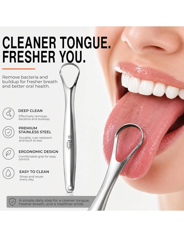 Beauté Secrets Tongue Cleaner Set With Travel Case for Men, Women and Kids, Silver