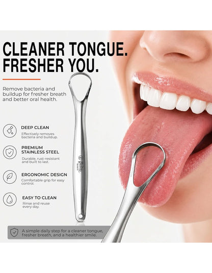Beauté Secrets Tongue Cleaner Set With Travel Case for Men, Women and Kids, Silver