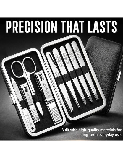 Beauté Secrets 9-in-1 Tweezers & Nail Cutter Set for Men & Women | Plucker for Hair Removal | Eyebrow Tweezers, Nail File, Scissors & Travel Case – Manicure Pedicure Grooming Set