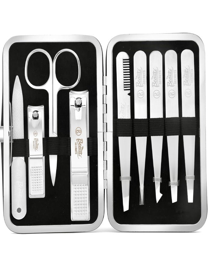 Beauté Secrets 9-in-1 Tweezers & Nail Cutter Set for Men & Women | Plucker for Hair Removal | Eyebrow Tweezers, Nail File, Scissors & Travel Case – Manicure Pedicure Grooming Set