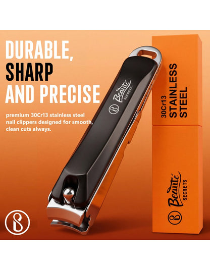 Beauté Secrets Premium Nail Cutter for Men & Women | Stainless Steel Nail Clipper with Magnetic Case | Anti Splash Design | Sharp for Thick Nails, Black