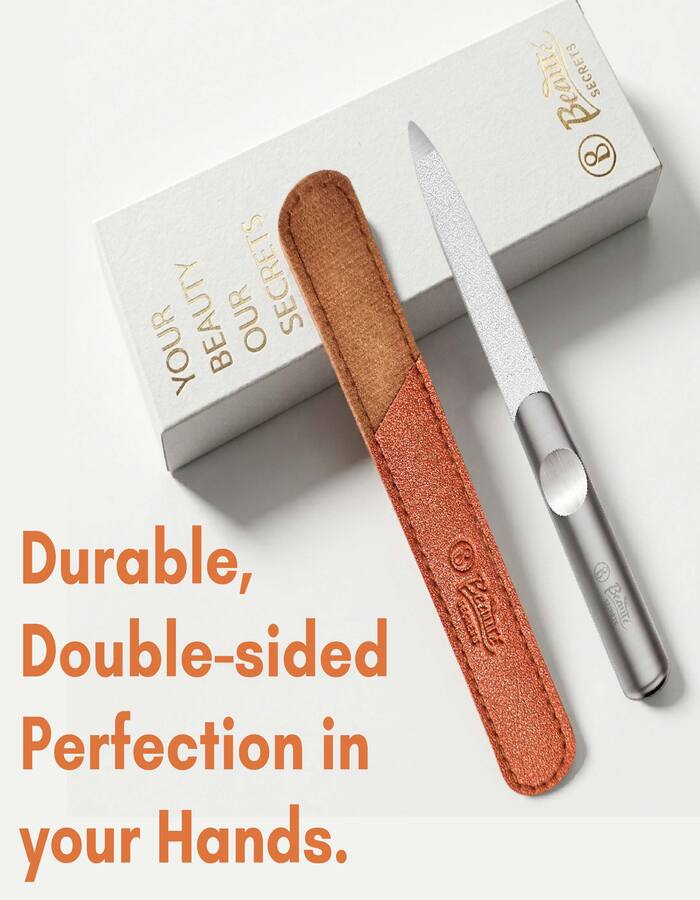 Beauté Secrets Premium Stainless Steel Nail File with Leather Case | Professional Metal Nail Filer for Smooth Shaping | Durable, Reusable Manicure Pedicure Tool for Women & Men