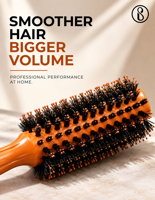 Beauté Secrets Wooden Round Hair Brush for Men & Women | Natural Bristles & Scalp Massage Pins | Adds Volume, Curls, Waves & Shine