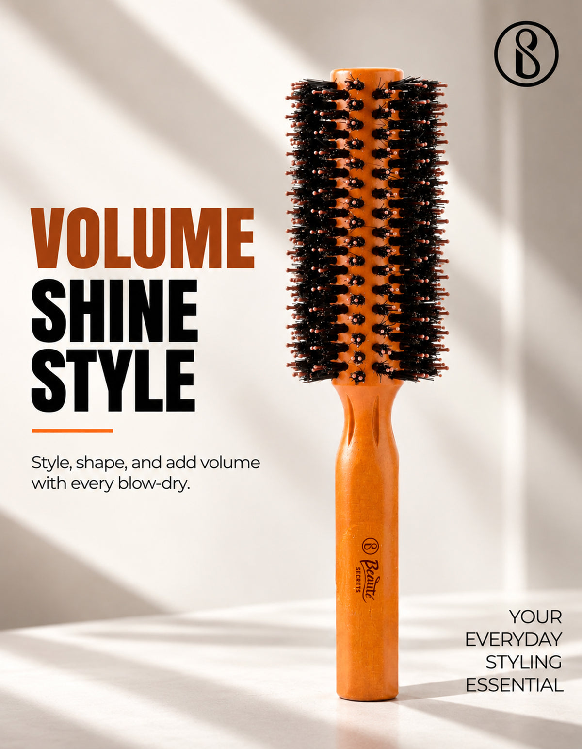 Beauté Secrets Wooden Round Hair Brush for Men & Women | Natural Bristles & Scalp Massage Pins | Adds Volume, Curls, Waves & Shine