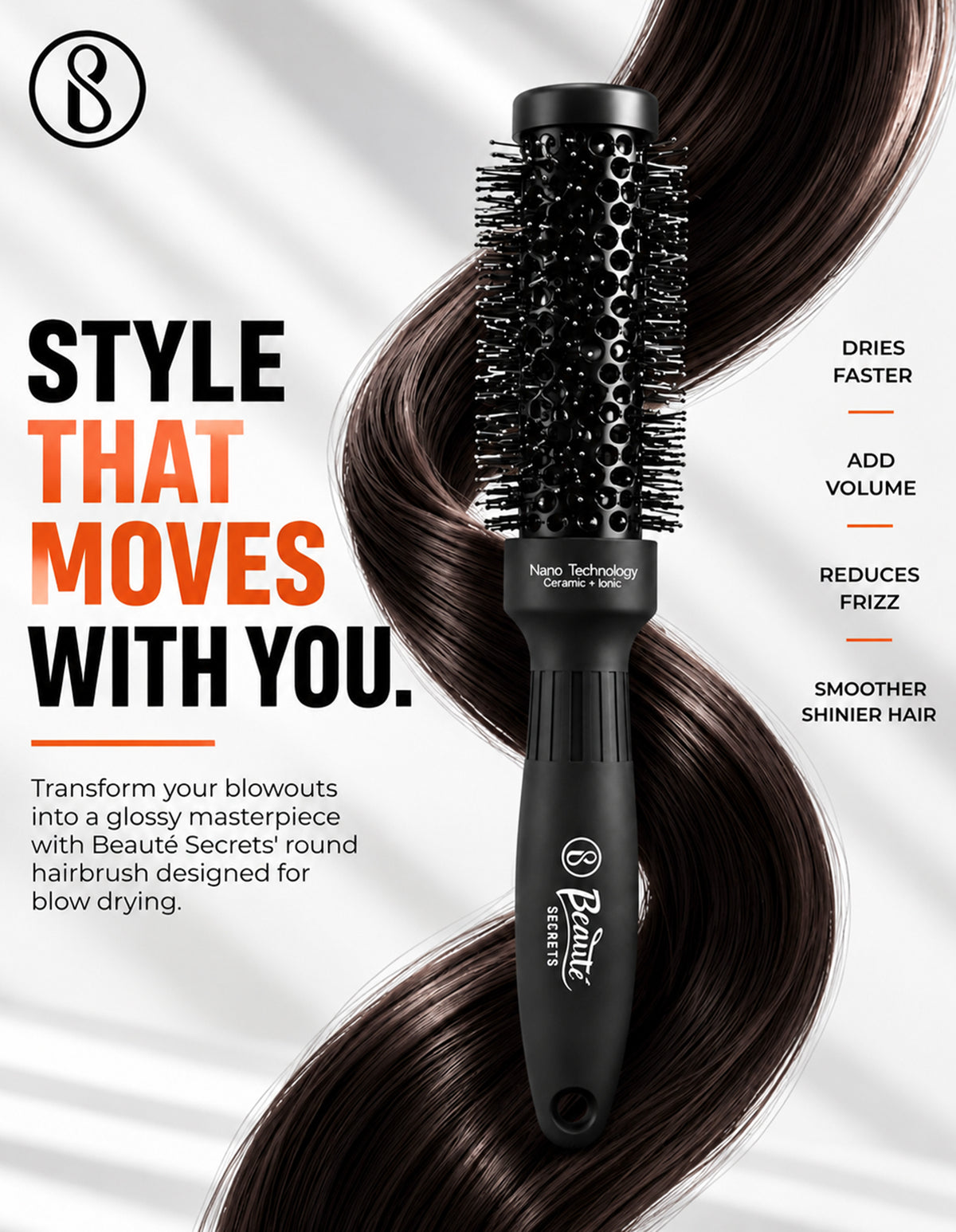 Beauté Secrets Ceramic Round Brush for Blow Drying, 1 Inch Professional Ion Thermal Barrel Hairbrush
