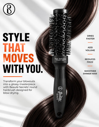 Beauté Secrets Ceramic Round Brush for Blow Drying, 1 Inch Professional Ion Thermal Barrel Hairbrush