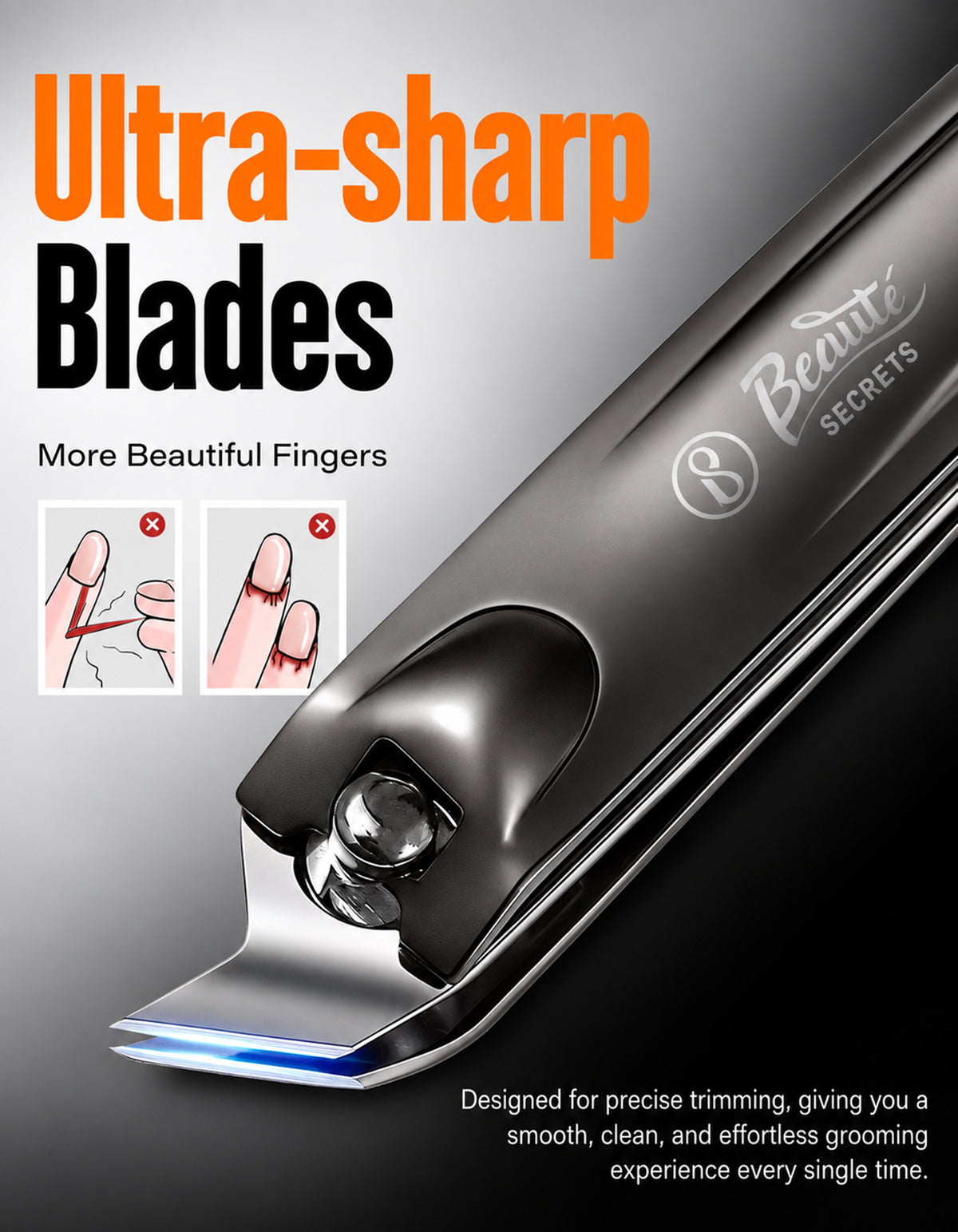 Beauté Secrets Ingrown Nail Clipper with Slanted Curved Blade | Stainless Steel Toenail Cutter for Thick Nails | Angled Precision Nail Clippers for Seniors, Men & Women | Anti-Slip Grip Nail Cutter, Silver