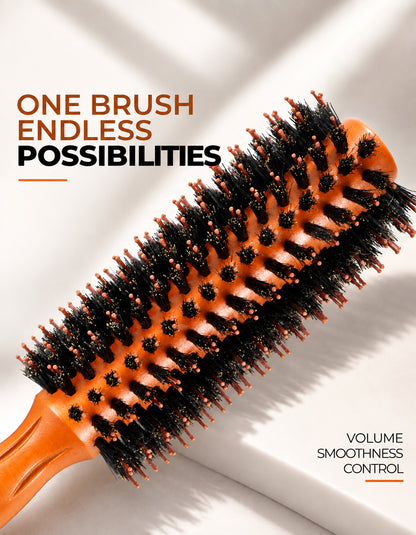 Beauté Secrets Wooden Round Hair Brush for Men & Women | Natural Bristles & Scalp Massage Pins | Adds Volume, Curls, Waves & Shine