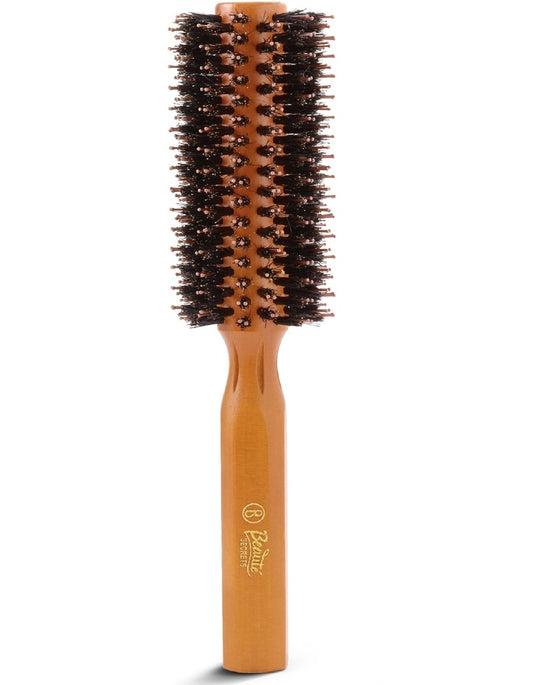 Beauté Secrets Wooden Round Hair Brush for Men & Women | Natural Bristles & Scalp Massage Pins | Adds Volume, Curls, Waves & Shine