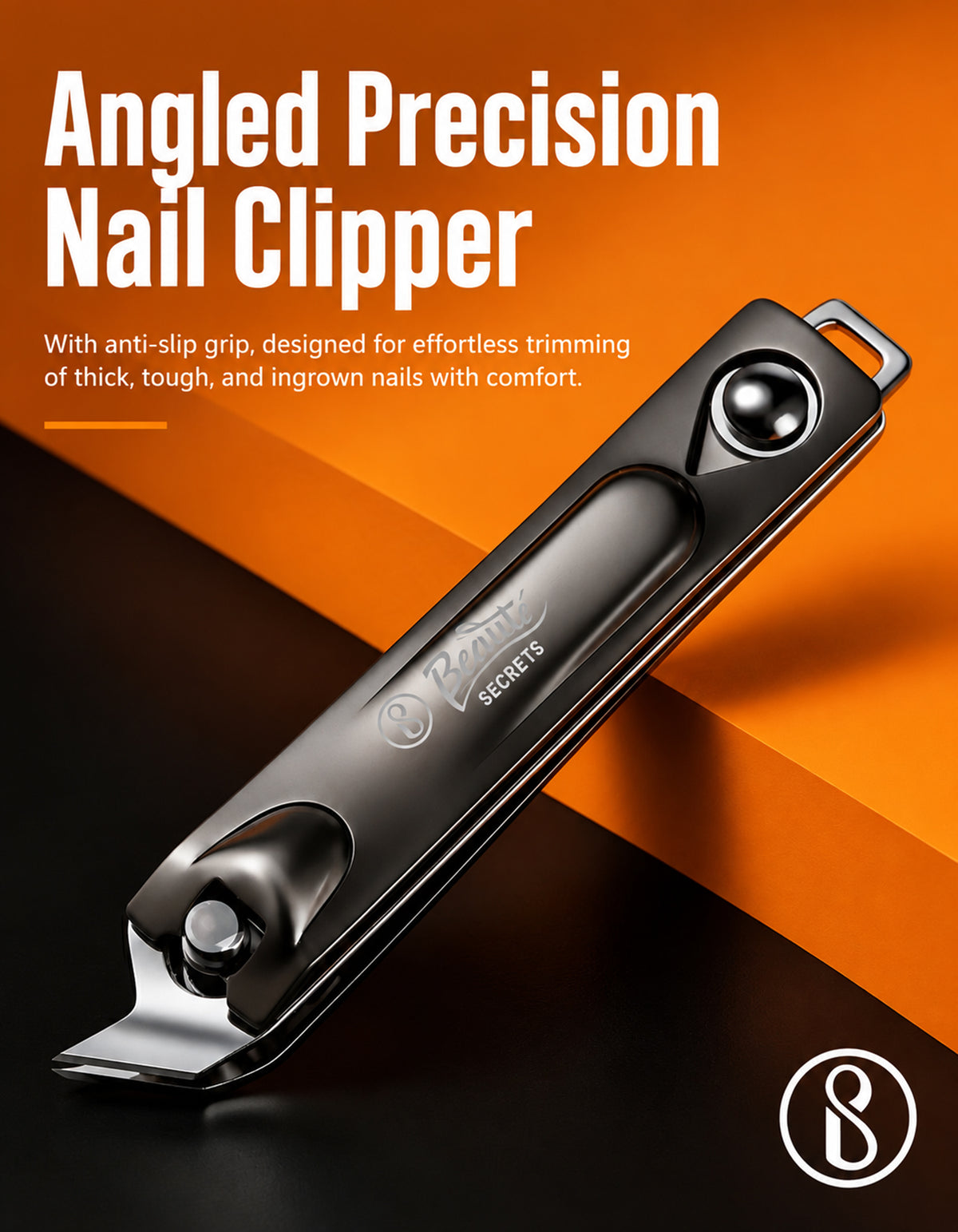 Beauté Secrets Ingrown Nail Clipper with Slanted Curved Blade | Stainless Steel Toenail Cutter for Thick Nails | Angled Precision Nail Clippers for Seniors, Men & Women | Anti-Slip Grip Nail Cutter, Silver