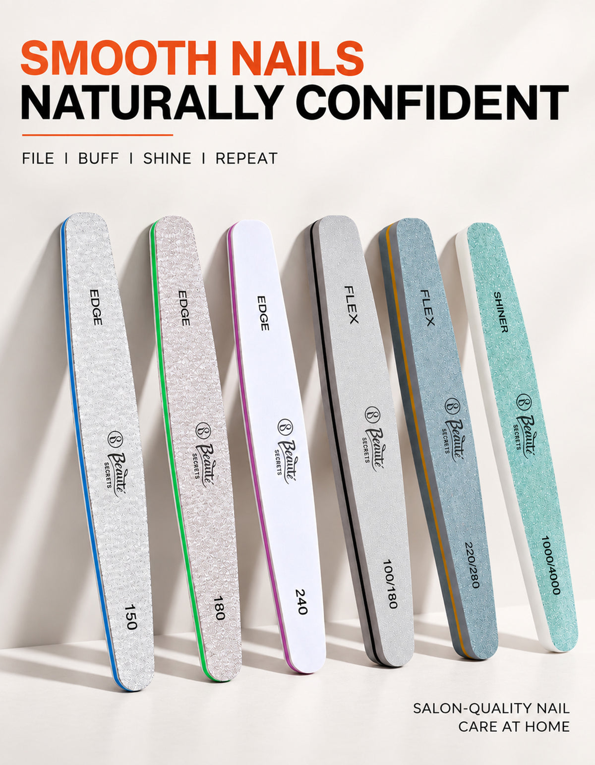 Beauté Secrets Korean 6pcs Nail Files Set for Manicure, Nail Buffer Files Block Coarse Washable Nail Polisher Double Sided Nail Shaper