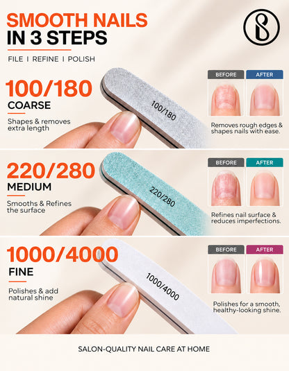 Beauté Secrets Korean 6pcs Nail Files Set for Manicure, Nail Buffer Files Block Coarse Washable Nail Polisher Double Sided Nail Shaper