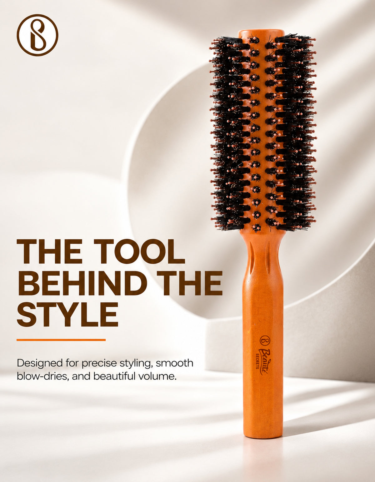 Beauté Secrets Wooden Round Hair Brush for Men & Women | Natural Bristles & Scalp Massage Pins | Adds Volume, Curls, Waves & Shine